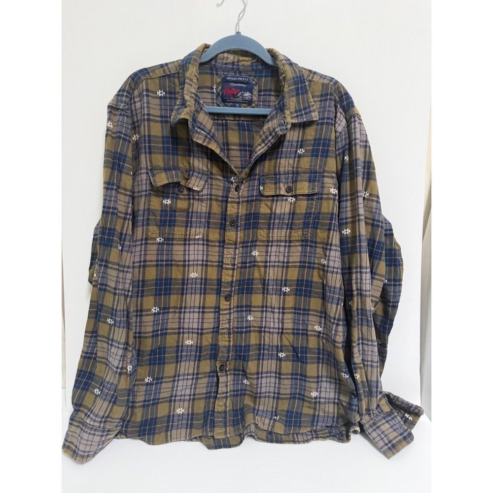 Old Navy Vintage Flannels Plaid Shirt Mens XXL Regular Fit Olive Blue Flannel